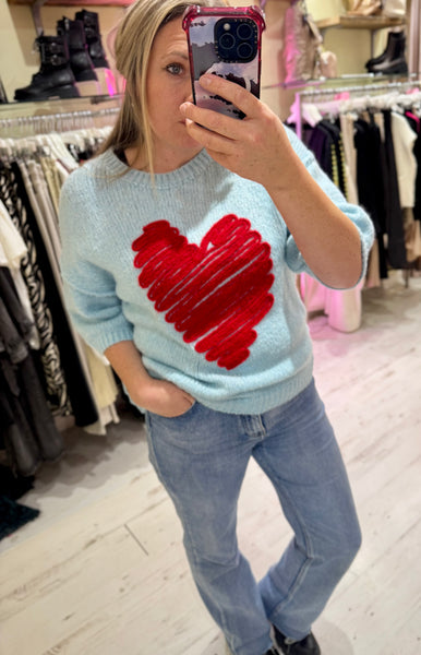 Heart Half Sleeve Jumper | Sky Blue/Red
