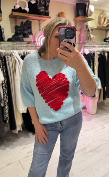 Heart Half Sleeve Jumper | Sky Blue/Red