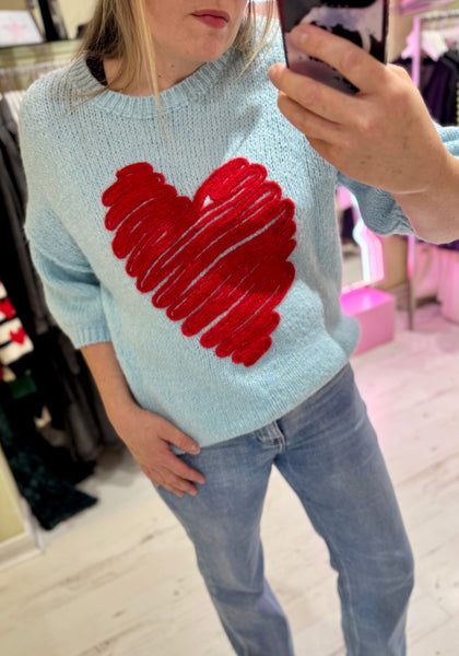 Heart Half Sleeve Jumper | Sky Blue/Red