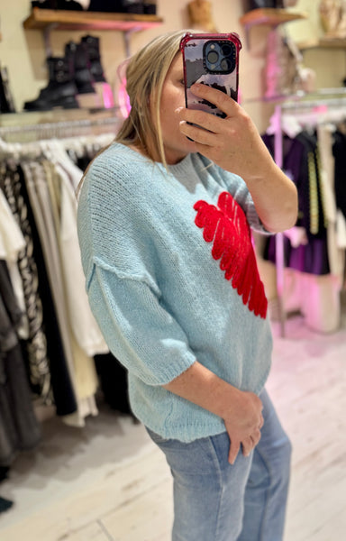 Heart Half Sleeve Jumper | Sky Blue/Red