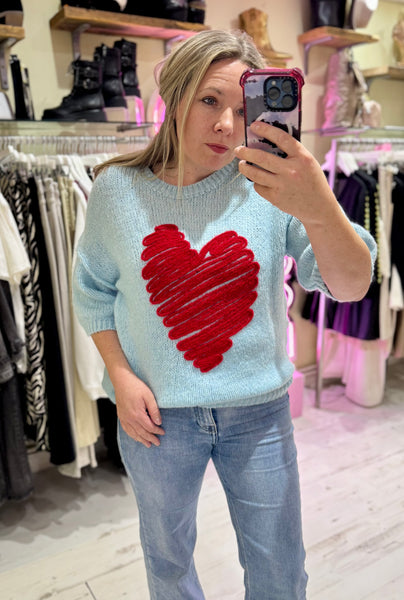Heart Half Sleeve Jumper | Sky Blue/Red