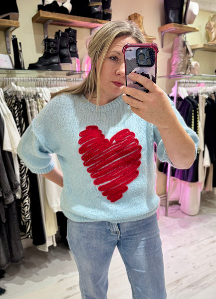 Heart Half Sleeve Jumper | Sky Blue/Red