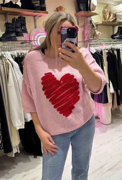 Heart Half Sleeve Jumper | Pink/Red