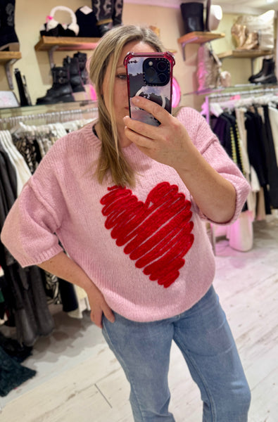 Heart Half Sleeve Jumper | Pink/Red