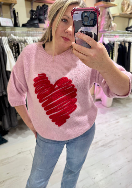 Heart Half Sleeve Jumper | Pink/Red