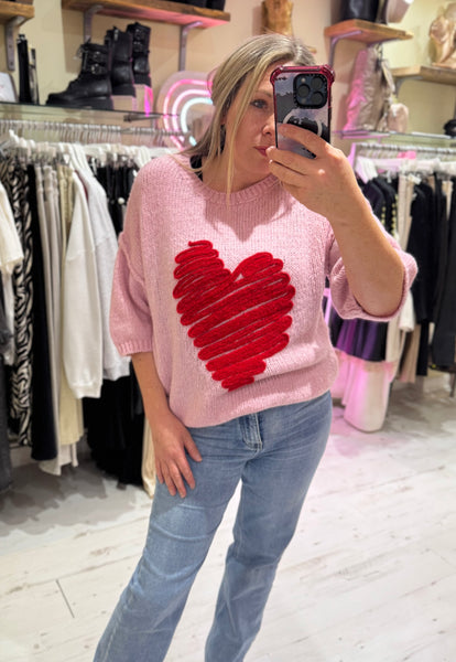 Heart Half Sleeve Jumper | Pink/Red