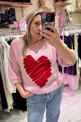 Heart Half Sleeve Jumper | Pink/Red