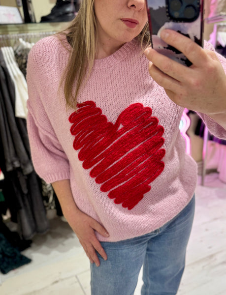 Heart Half Sleeve Jumper | Pink/Red