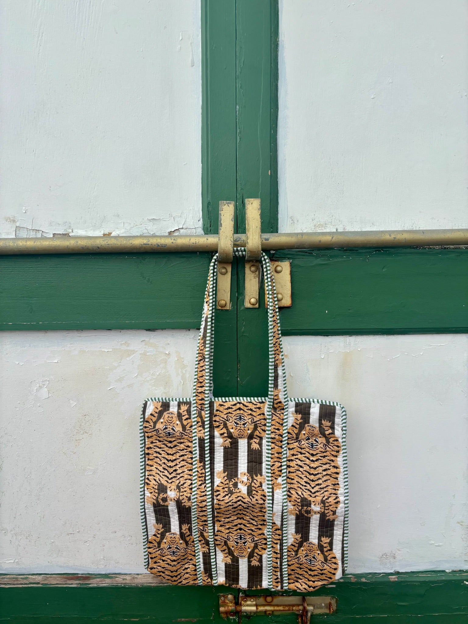 Boho Cotton Quilted Large Tote Bag | Tiger Stripes Olive