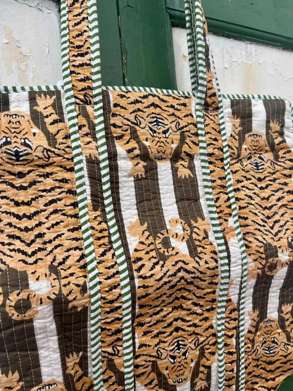 Boho Cotton Quilted Large Tote Bag | Tiger Stripes Olive
