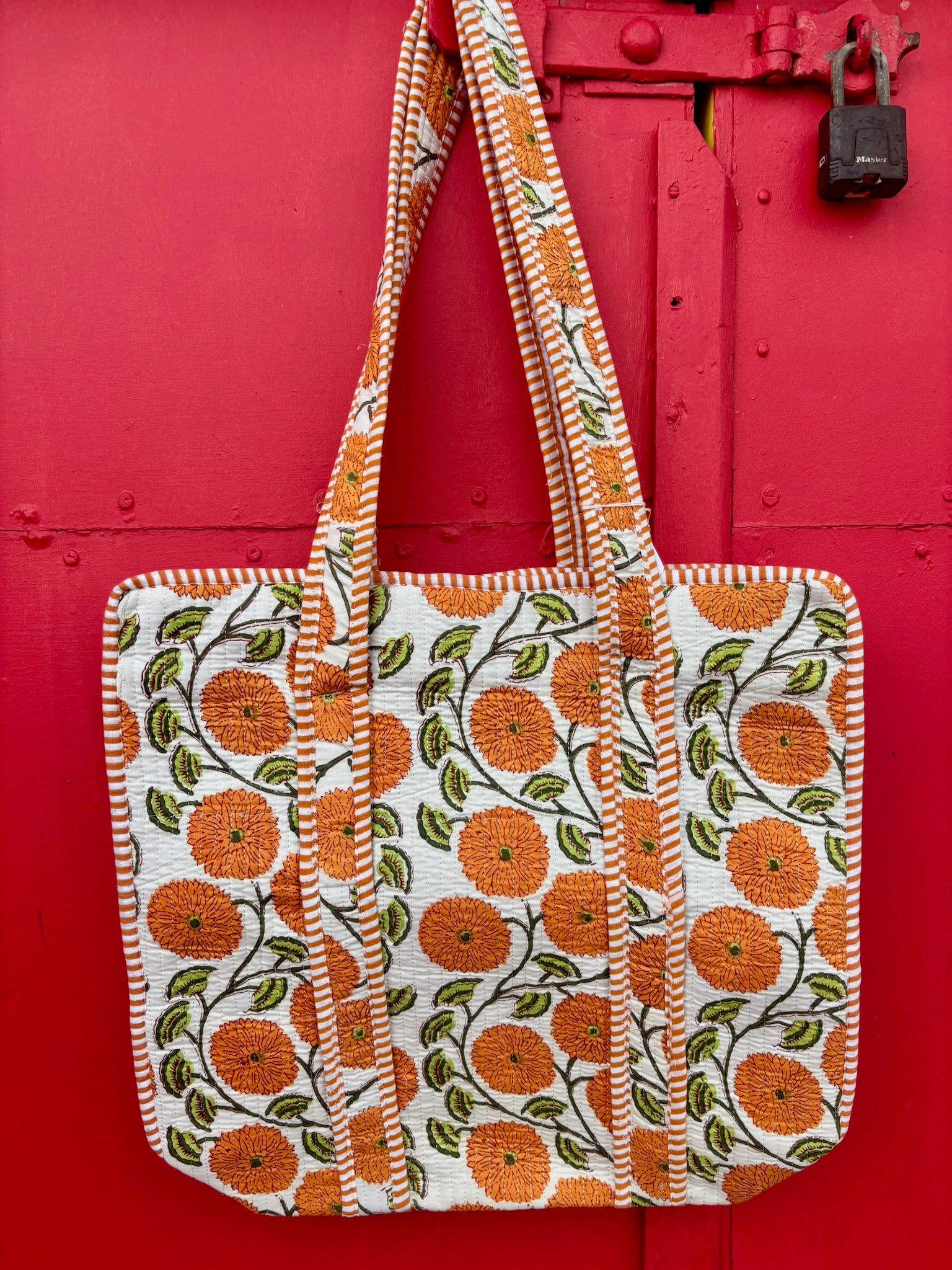 Boho Cotton Quilted Large Tote Bag | Orange Floral