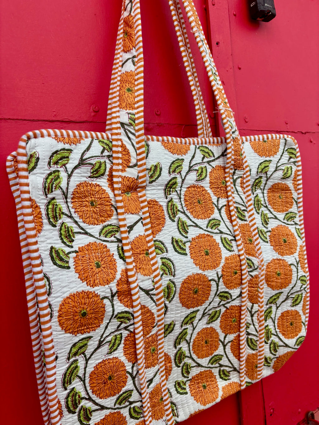 Boho Cotton Quilted Large Tote Bag | Orange Floral