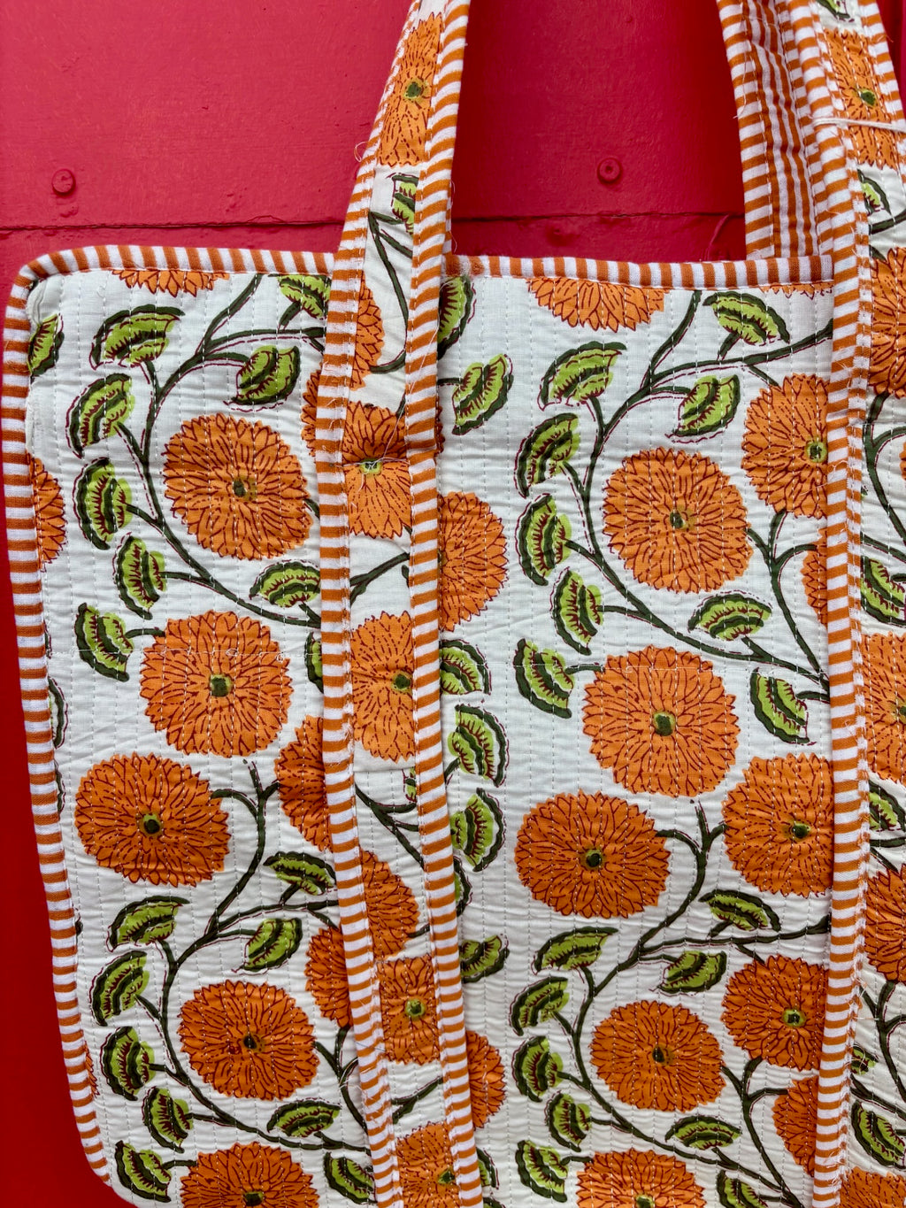 Boho Cotton Quilted Large Tote Bag | Orange Floral