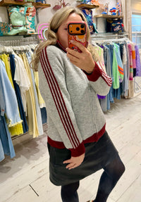 Knit Zip Up Track Top | Grey/Burgundy