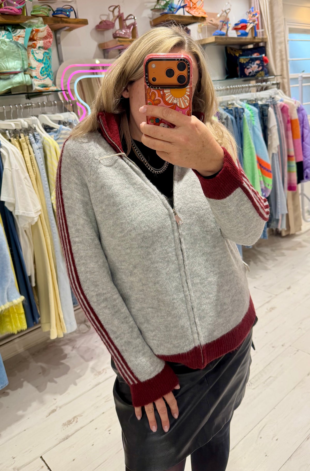 Knit Zip Up Track Top | Grey/Burgundy