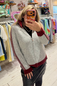 Knit Zip Up Track Top | Grey/Burgundy