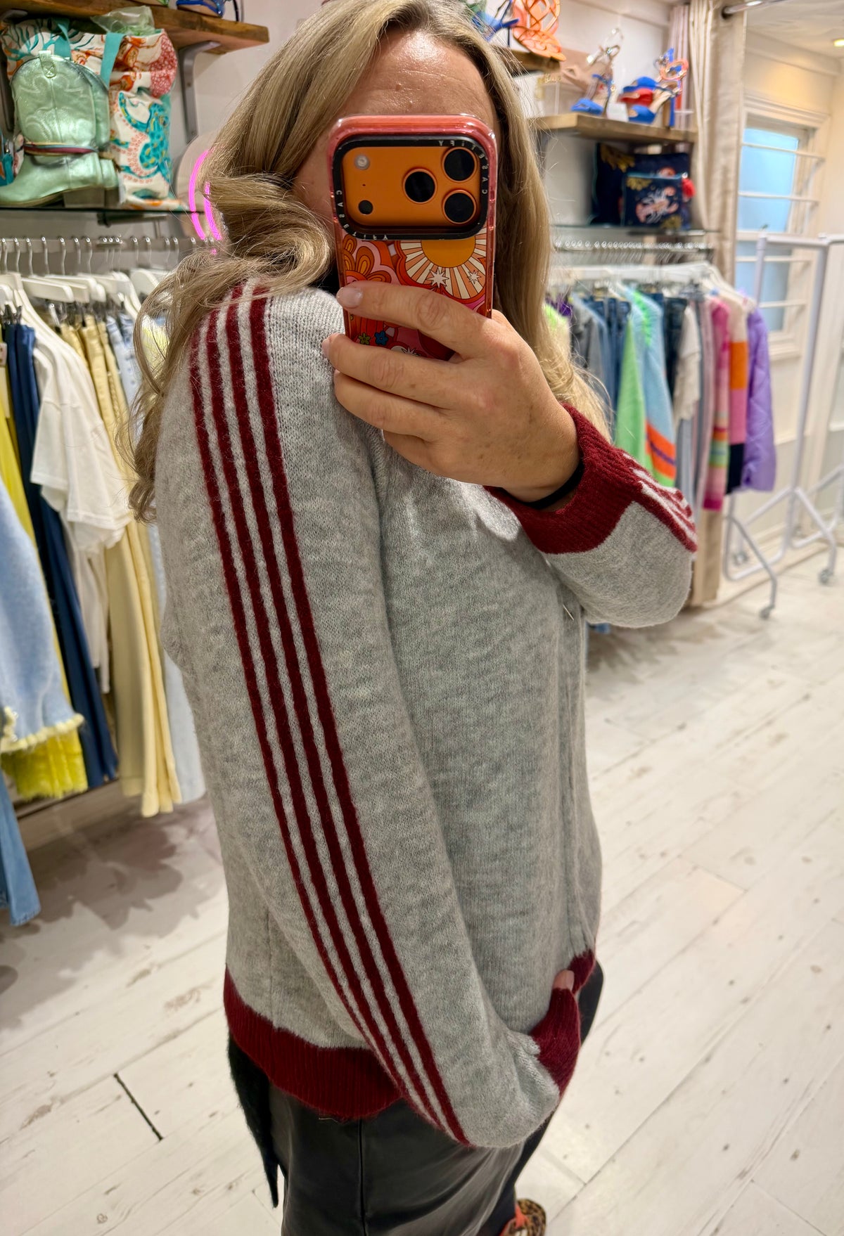 Knit Zip Up Track Top | Grey/Burgundy