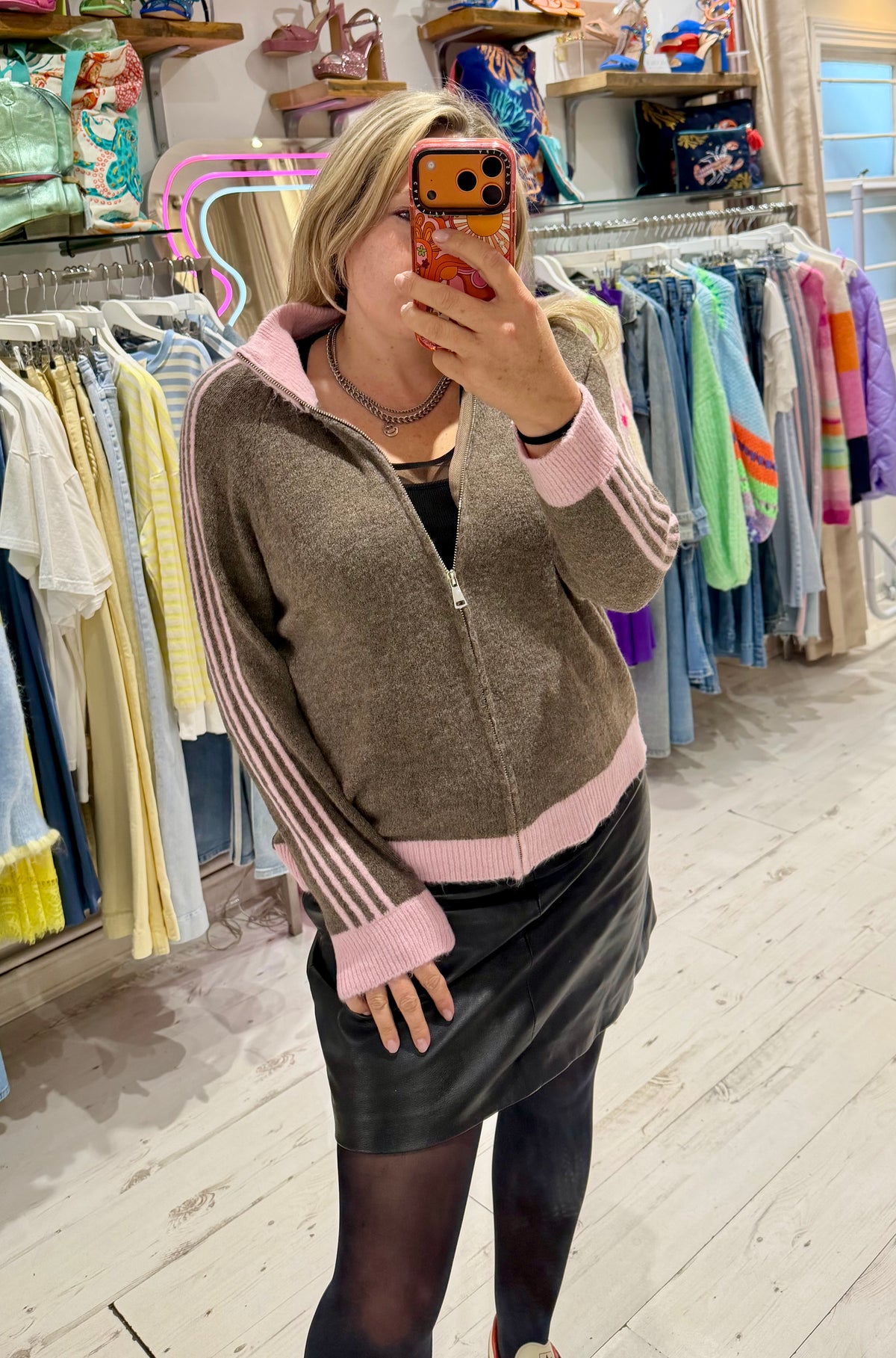 Knit Zip Up Track Top | Taupe/Pink