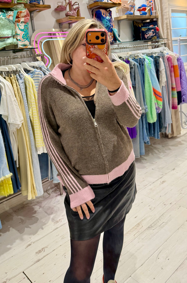 Knit Zip Up Track Top | Taupe/Pink
