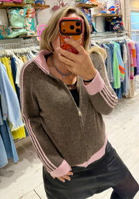 Knit Zip Up Track Top | Taupe/Pink