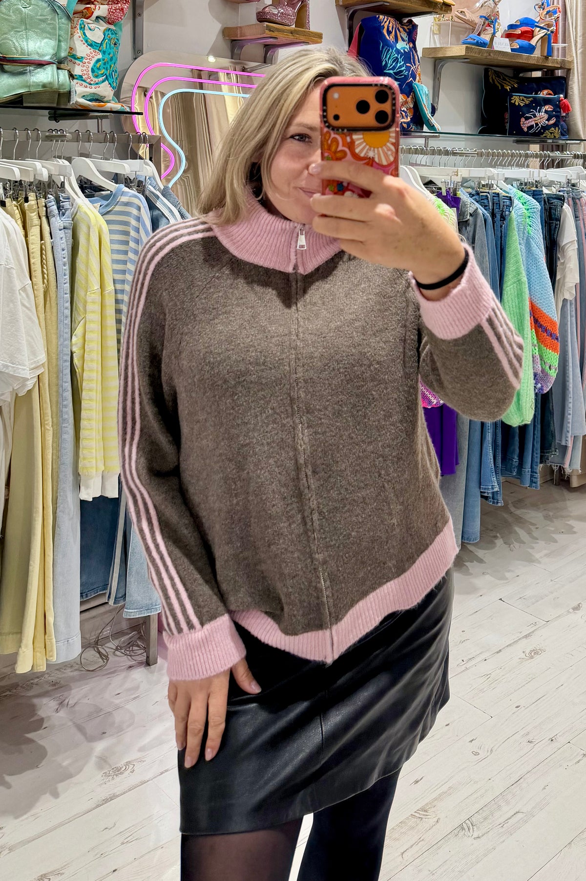 Knit Zip Up Track Top | Taupe/Pink