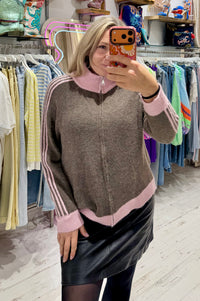 Knit Zip Up Track Top | Taupe/Pink