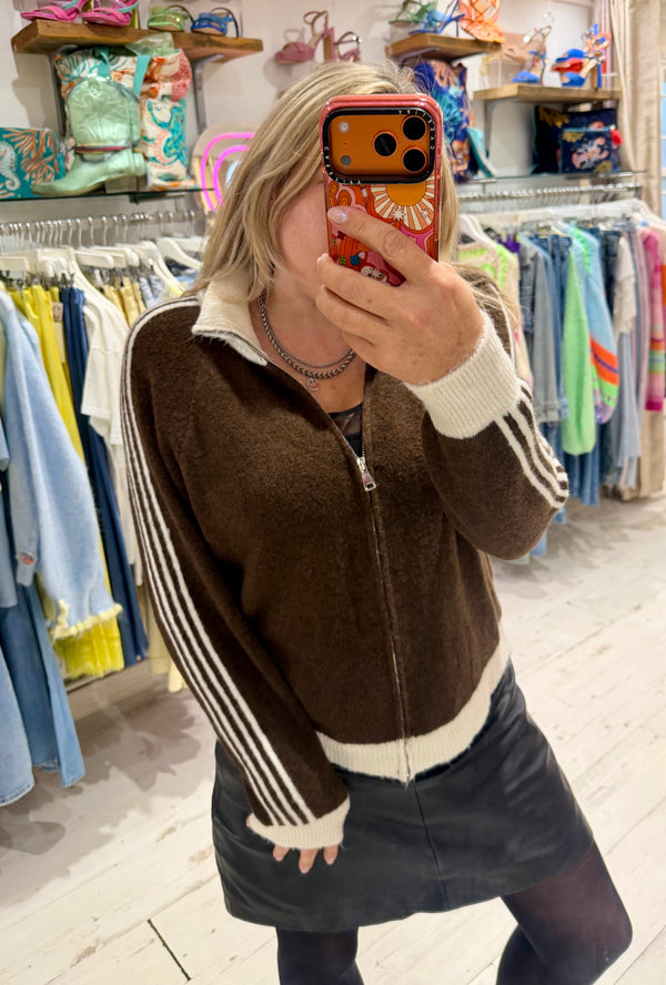 Knit Zip Up Track Top | Chocolate