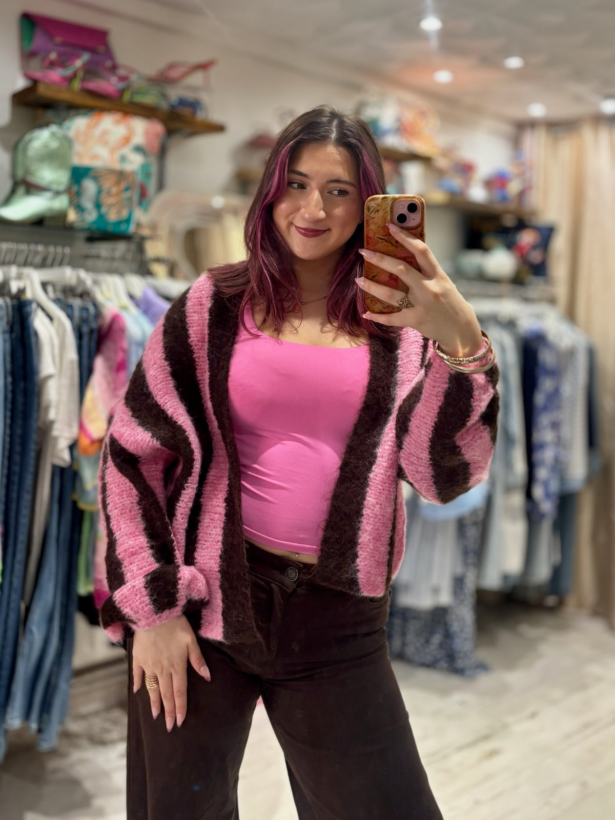 Stripe Relaxed Fit Edge to Edge Cardigan | Pink/Chocolate