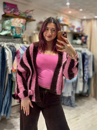Stripe Relaxed Fit Edge to Edge Cardigan | Pink/Chocolate
