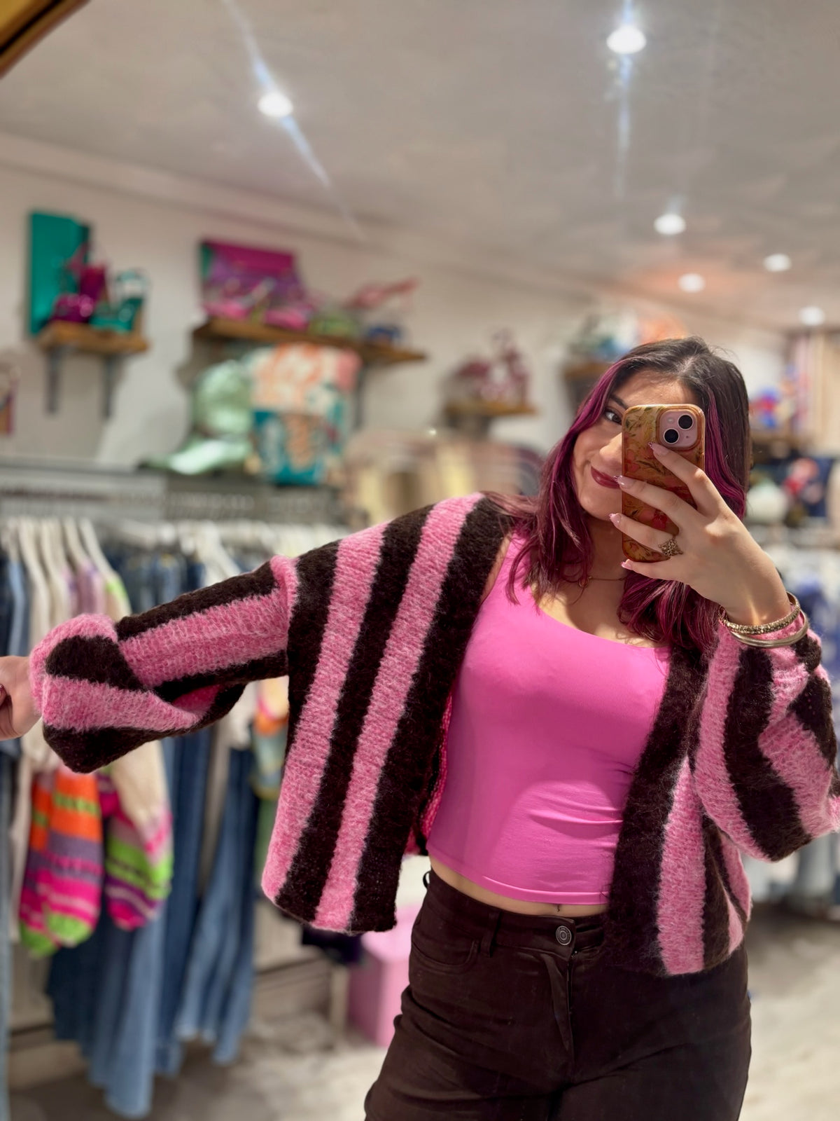 Stripe Relaxed Fit Edge to Edge Cardigan | Pink/Chocolate