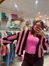 Stripe Relaxed Fit Edge to Edge Cardigan | Pink/Chocolate