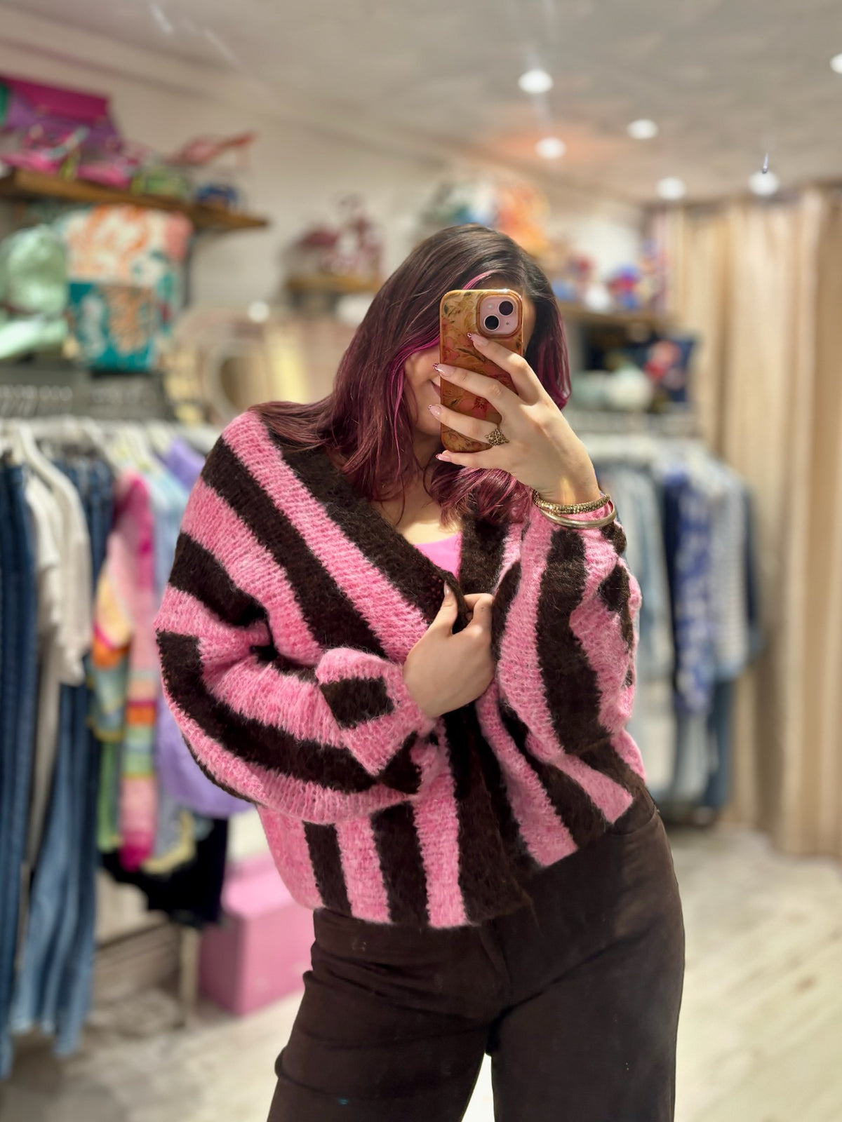 Stripe Relaxed Fit Edge to Edge Cardigan | Pink/Chocolate