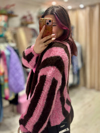 Stripe Relaxed Fit Edge to Edge Cardigan | Pink/Chocolate