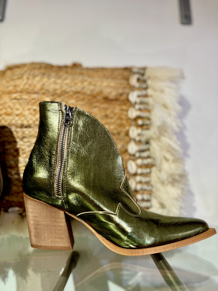 Metallic Heeled Short Cowboy Boot | 06106 | Olive Green