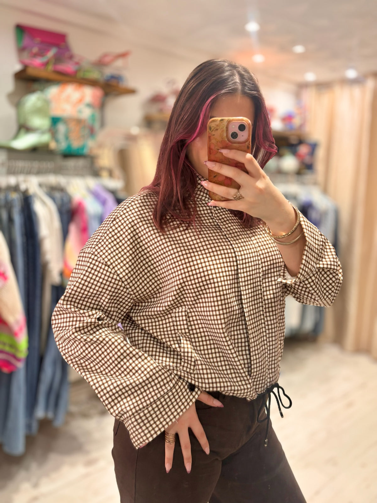 Checked Funnel Neck Lightweight Jacket | Chocolate