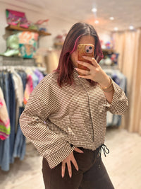 Checked Funnel Neck Lightweight Jacket | Chocolate