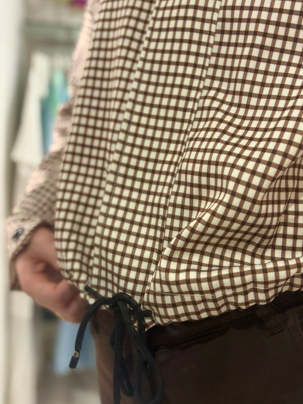 Checked Funnel Neck Lightweight Jacket | Chocolate
