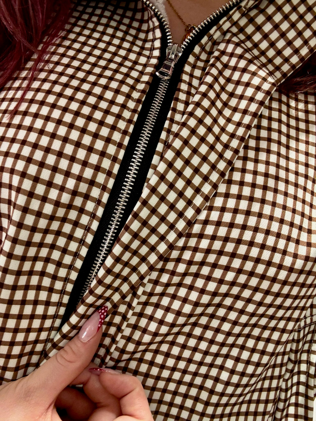 Checked Funnel Neck Lightweight Jacket | Chocolate