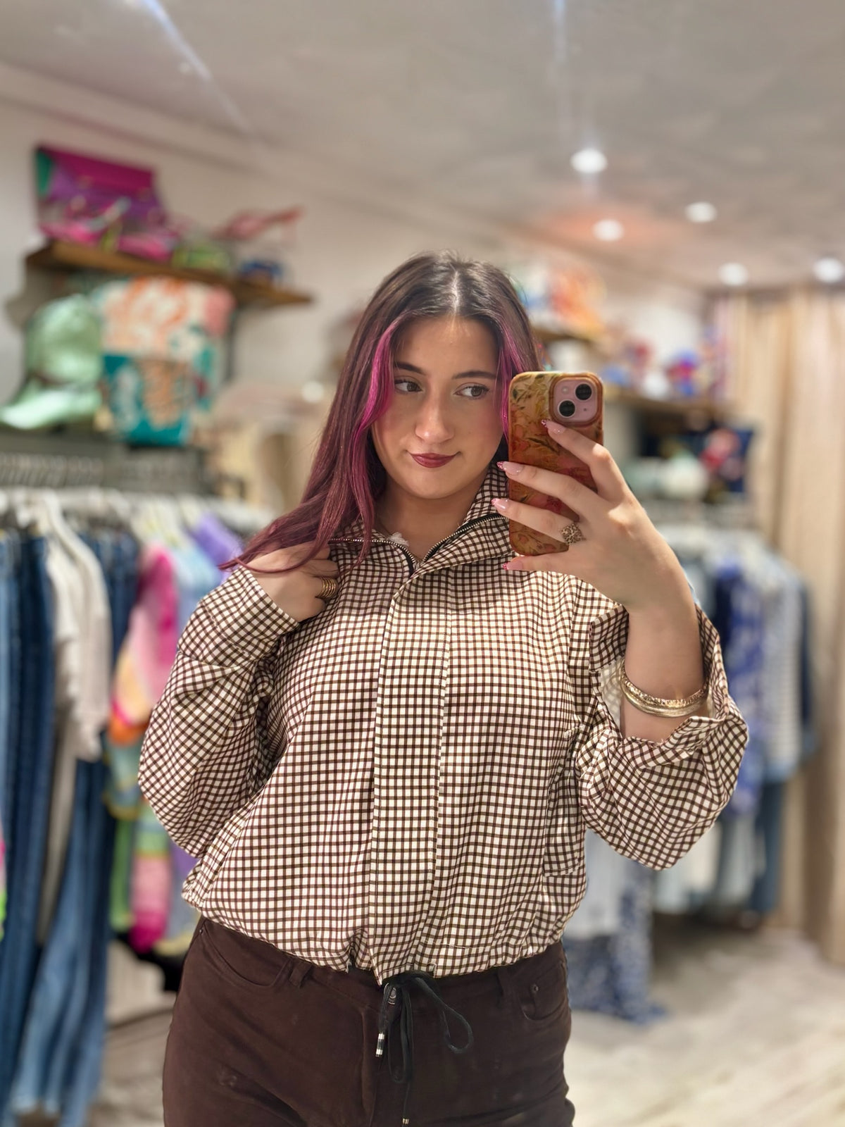 Checked Funnel Neck Lightweight Jacket | Chocolate