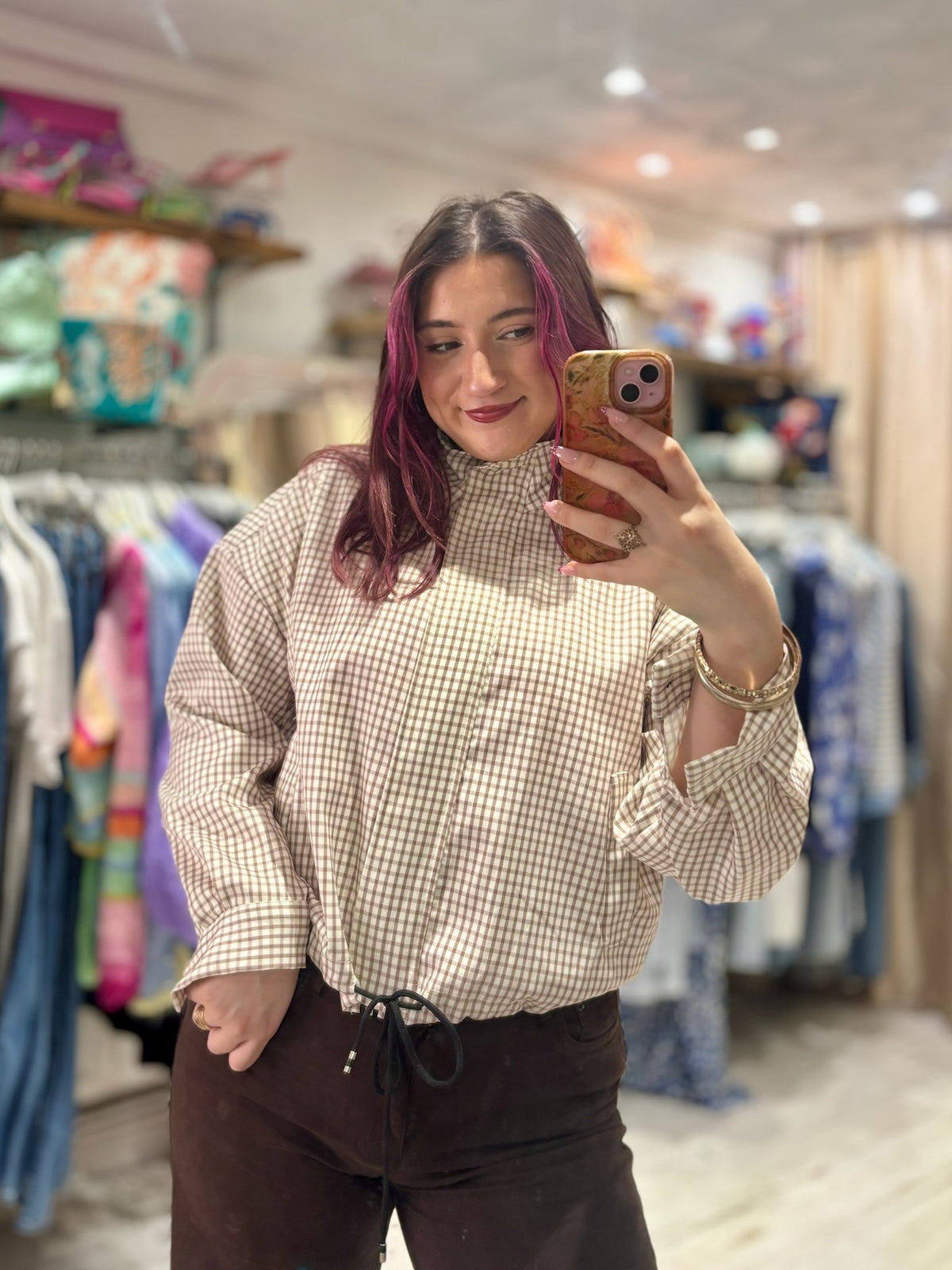 Checked Funnel Neck Lightweight Jacket | Beige