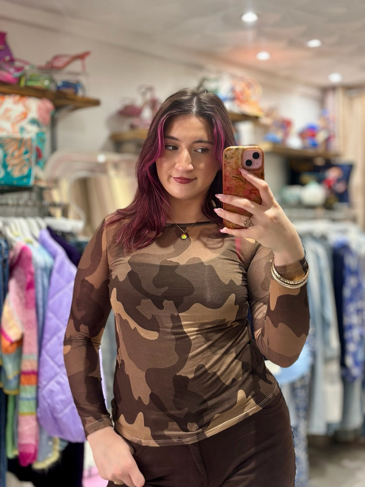 Camo Print Cashmere Blend Sheer Knit Top | Chocolate Brown