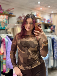 Camo Print Cashmere Blend Sheer Knit Top | Chocolate Brown