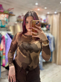 Camo Print Cashmere Blend Sheer Knit Top | Chocolate Brown
