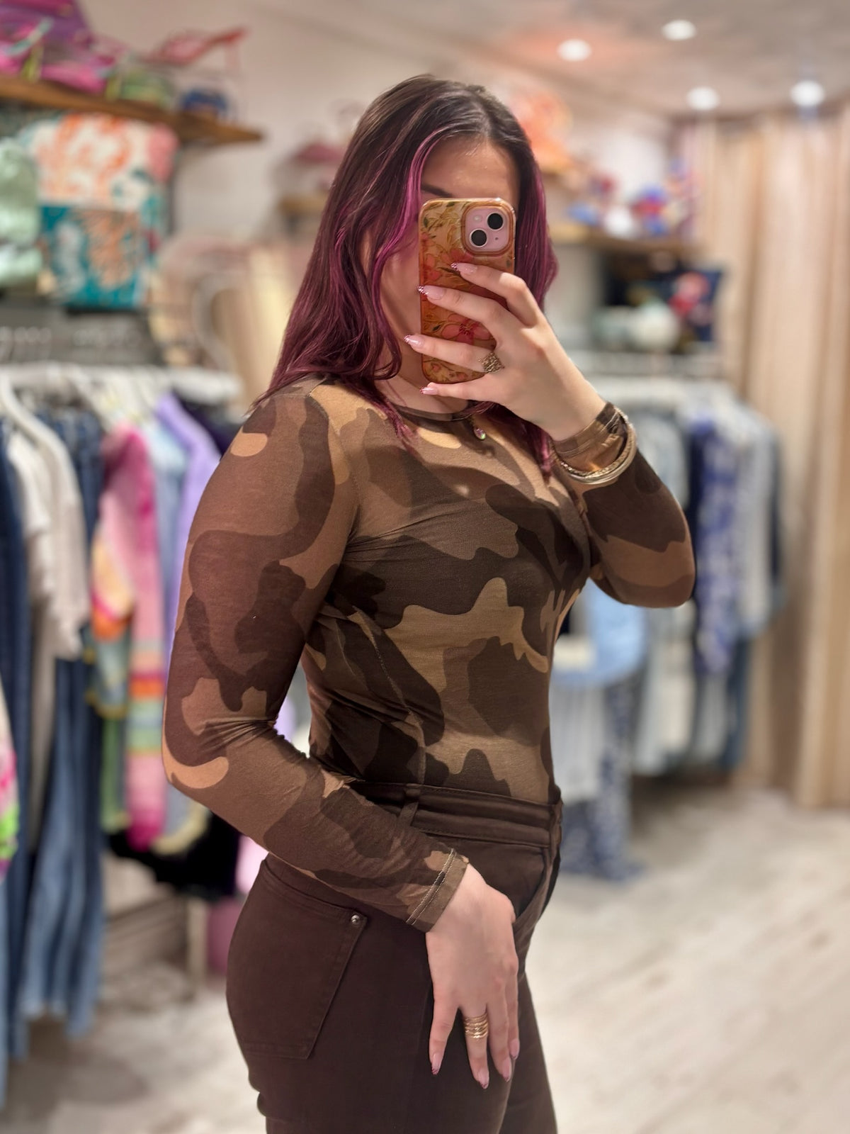 Camo Print Cashmere Blend Sheer Knit Top | Chocolate Brown