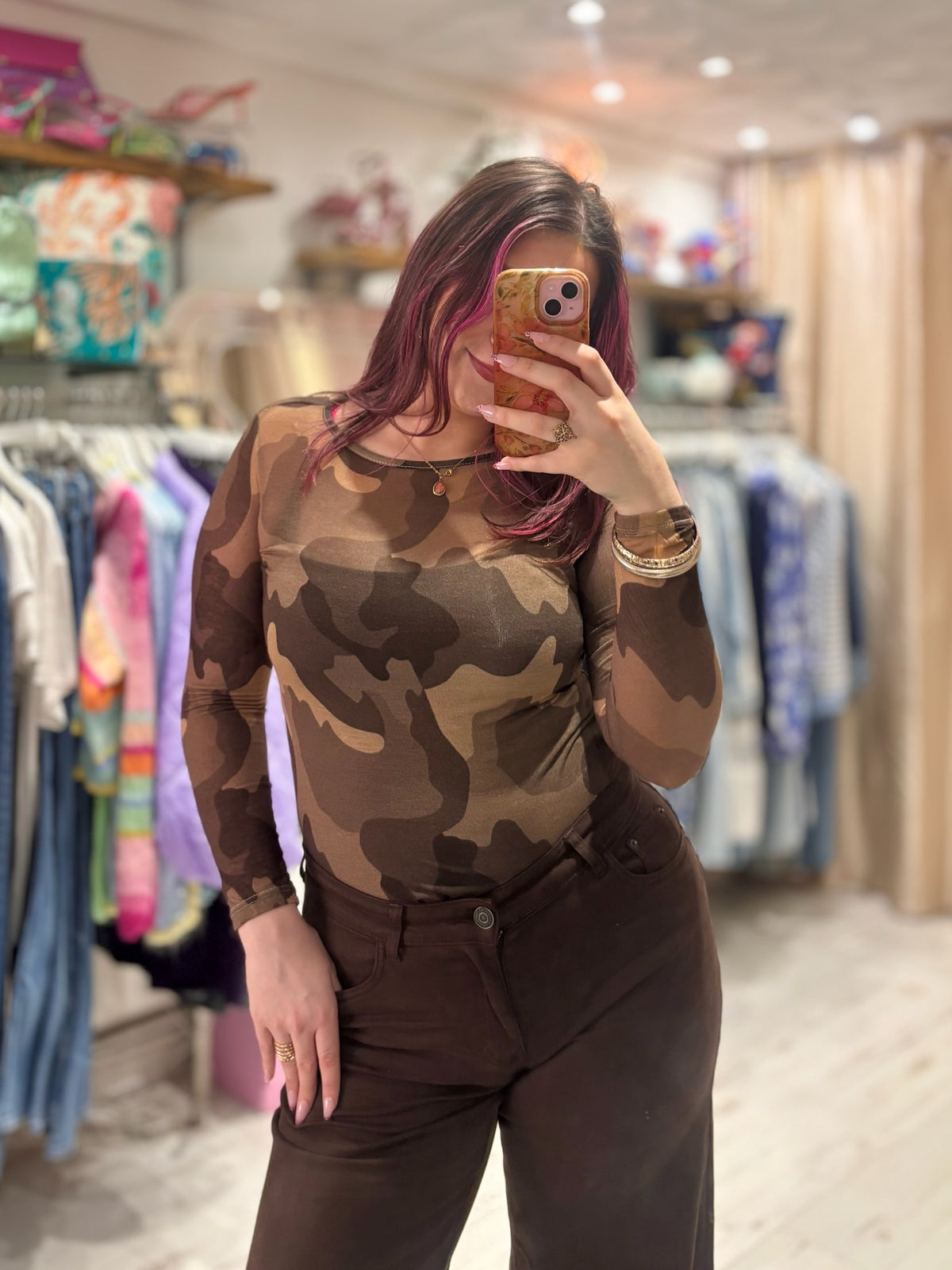 Camo Print Cashmere Blend Sheer Knit Top | Chocolate Brown