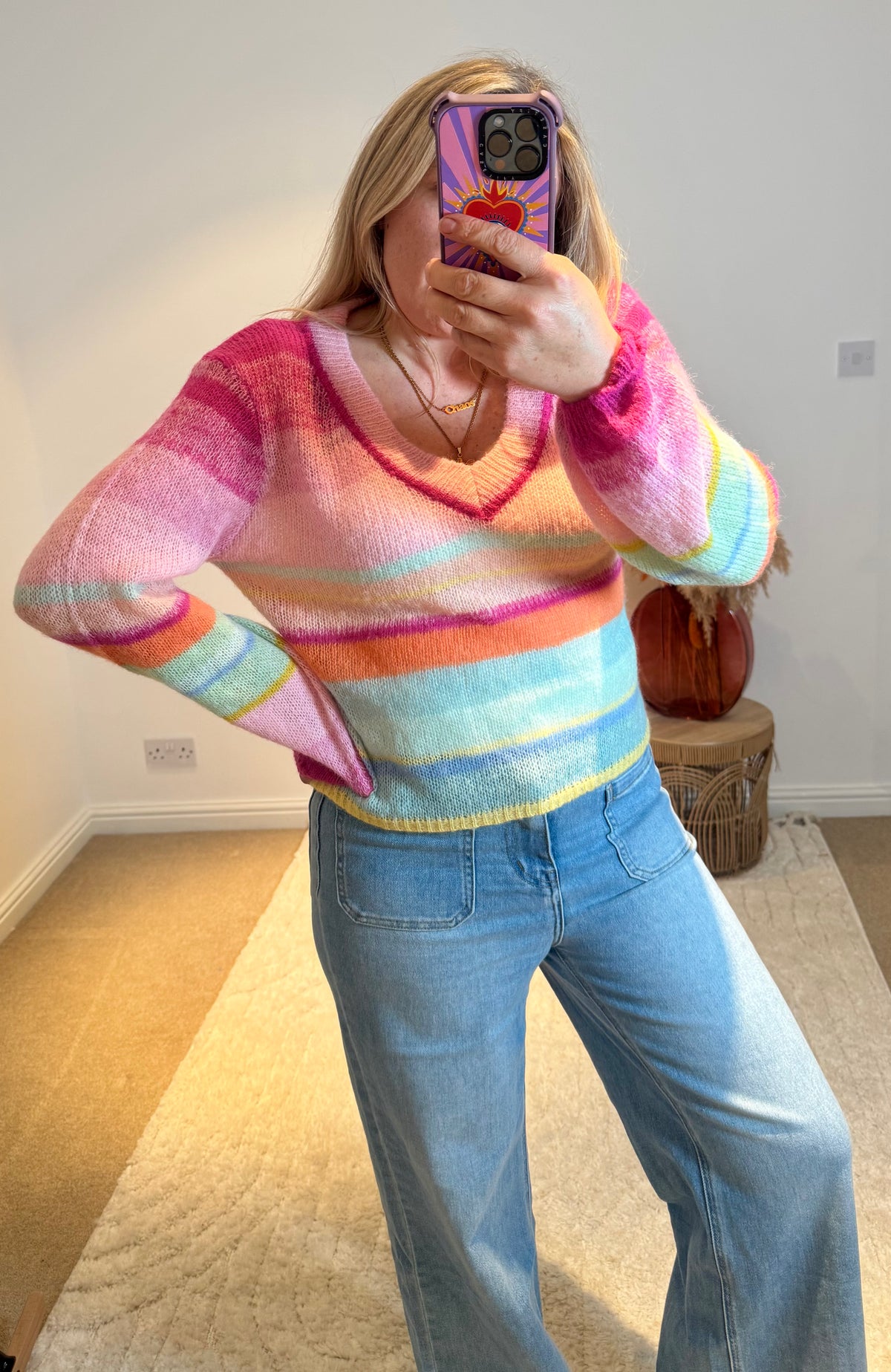 Rainbow Stripe Lightweight V-neck Jumper | Multi