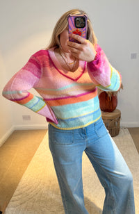 Rainbow Stripe Lightweight V-neck Jumper | Multi