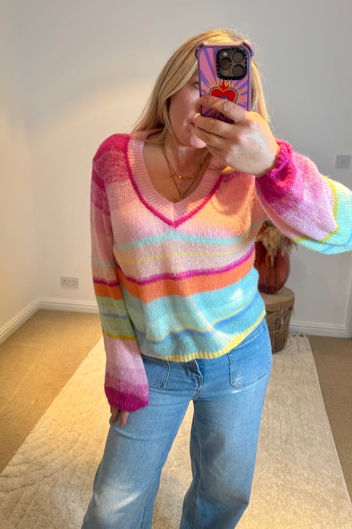 Rainbow Stripe Lightweight V-neck Jumper | Multi