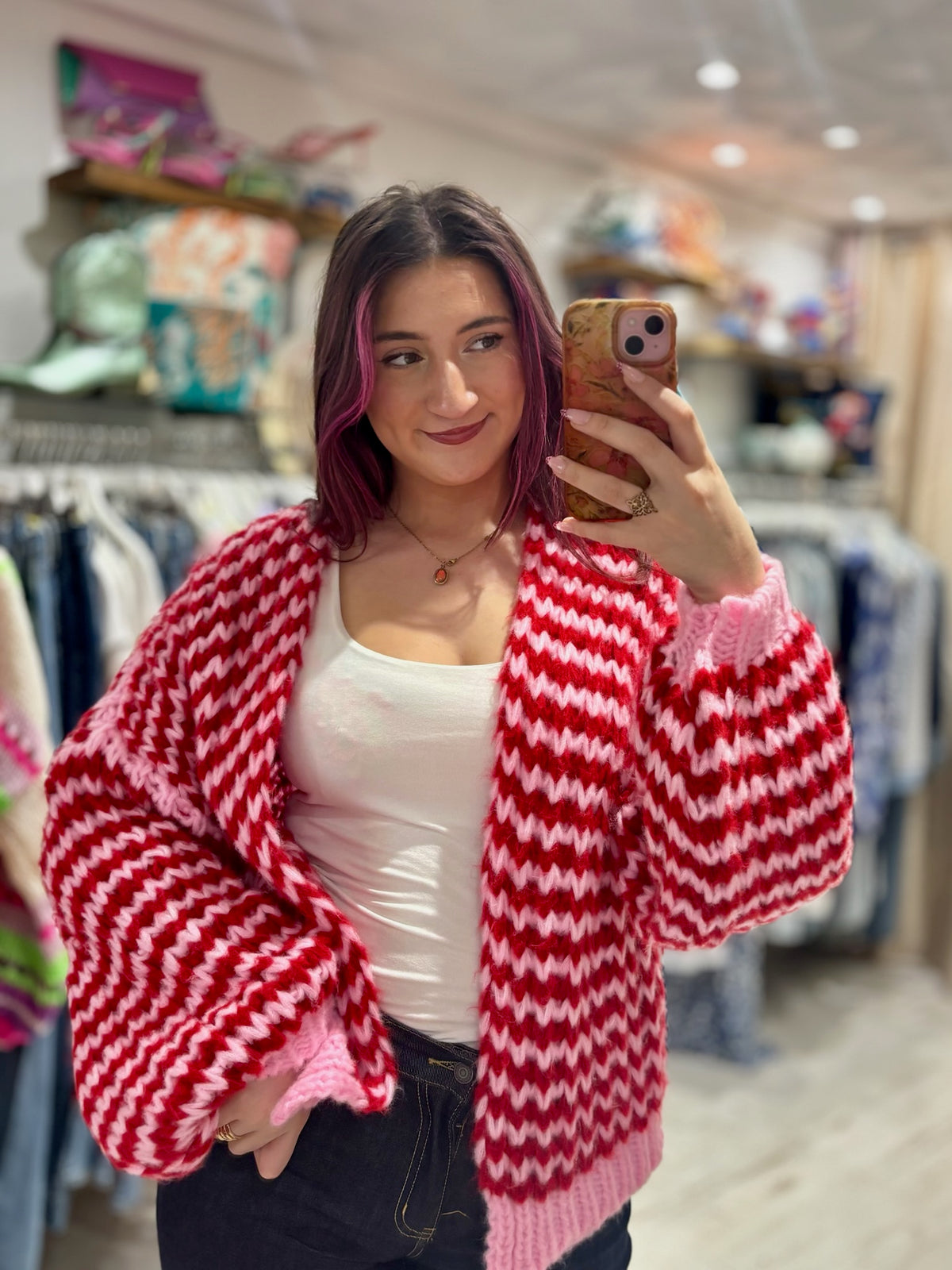 Colourful Chunky Knit Balloon Sleeve Cardigan | Red/Baby Pink