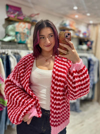 Colourful Chunky Knit Balloon Sleeve Cardigan | Red/Baby Pink